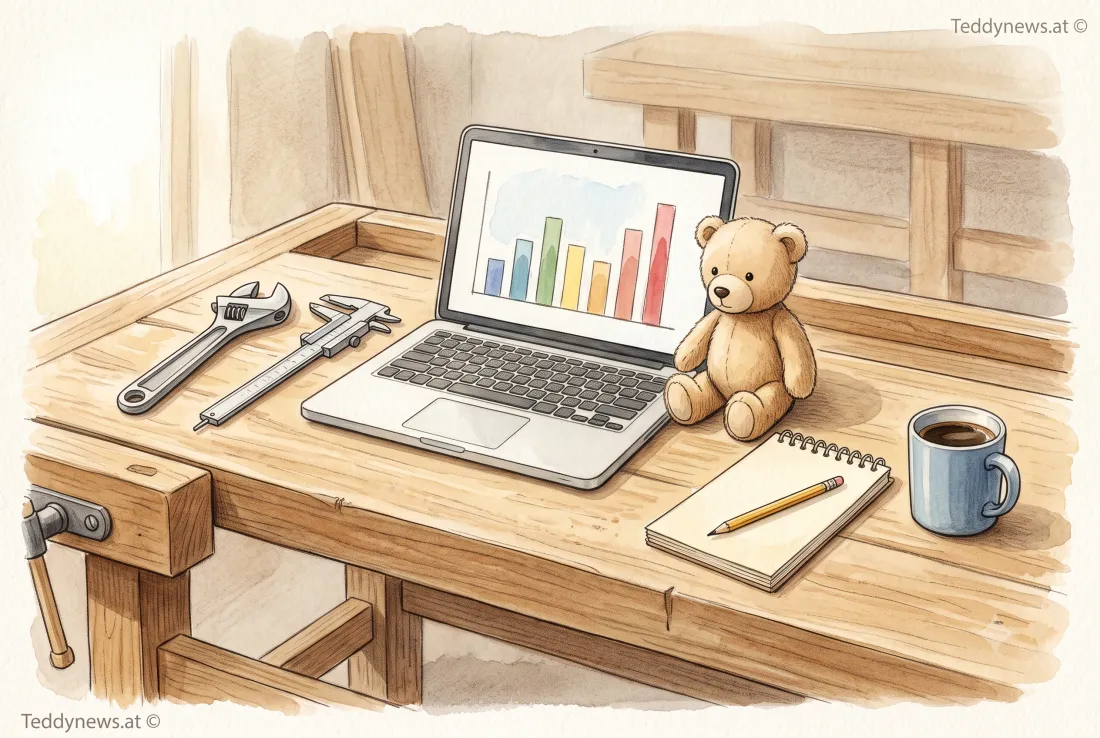 Aquarell einer Werkbank von oben: Schraubenschlüssel, Messschieber, aufgeklappter Laptop mit einer einfachen Balkengrafik, Notizblock mit Bleistift, Kaffeetasse und ein sitzender Teddybär