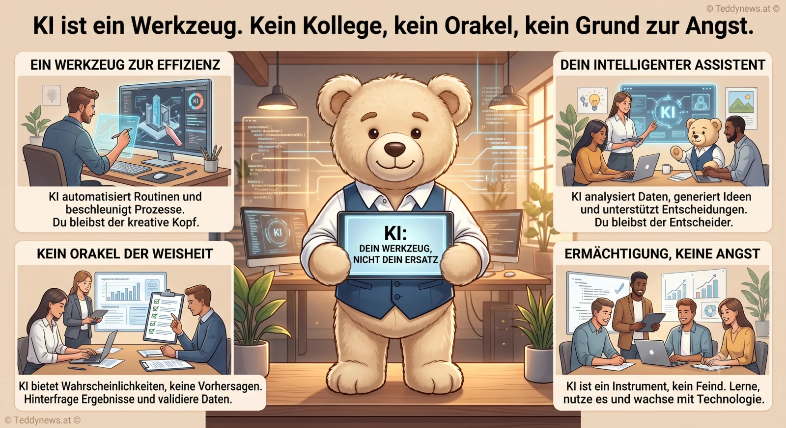 Übersichtsbild: KI ist ein Werkzeug, kein Kollege, kein Orakel, kein Grund zur Angst — mit vier Botschaften: ein Werkzeug zur Effizienz, ein intelligenter Assistent, kein Orakel der Weisheit, und Ermächtigung statt Angst