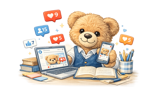 Teddy am Schreibtisch mit Laptop und Telefon, umgeben von Likes und Kommentaren — TeddyBuzz veröffentlicht auf bis zu acht Kanälen