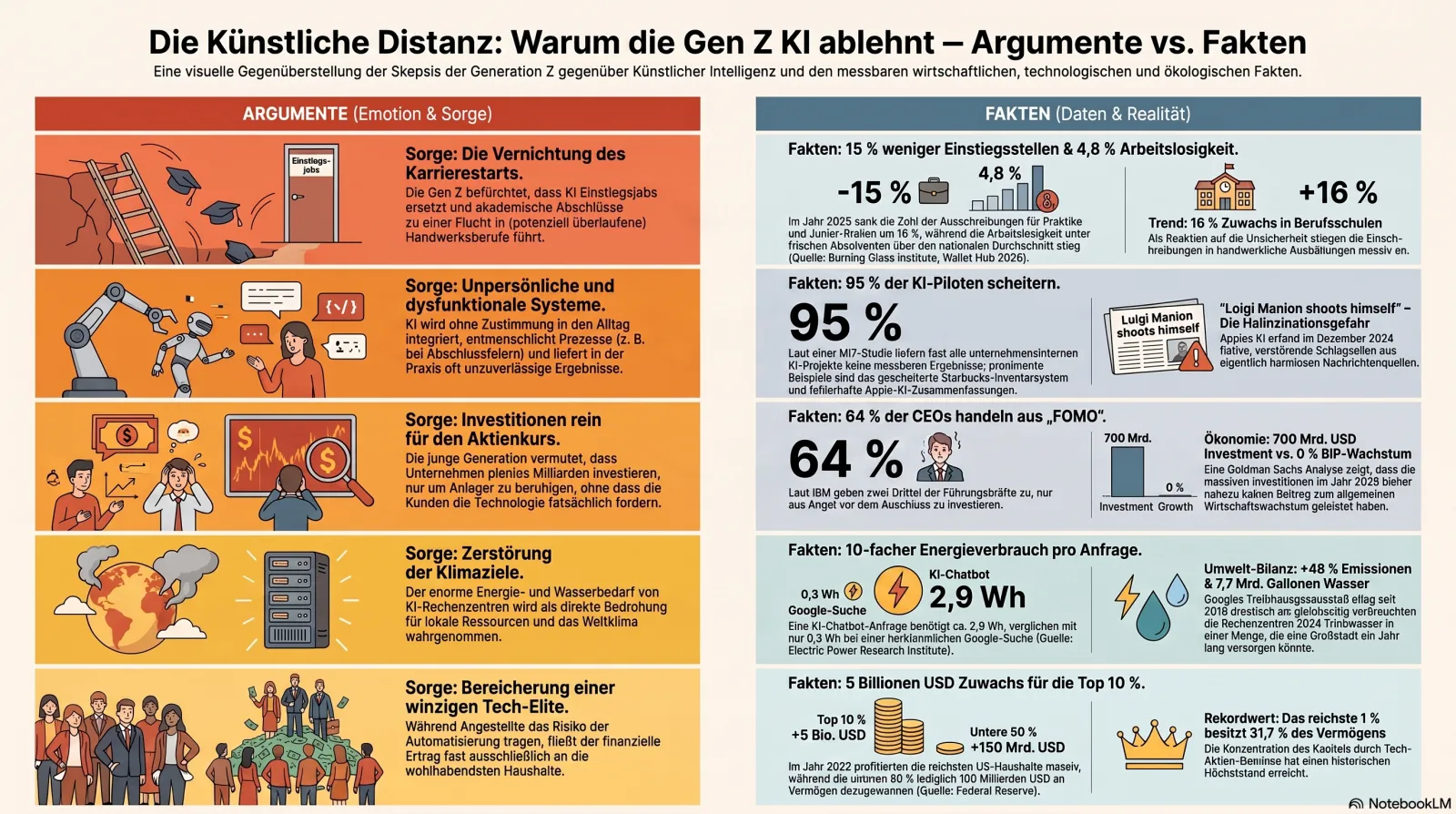 Infografik Die künstliche Distanz: Warum die Gen Z KI ablehnt — links fünf Sorgen, rechts jeweils Fakten und Studien