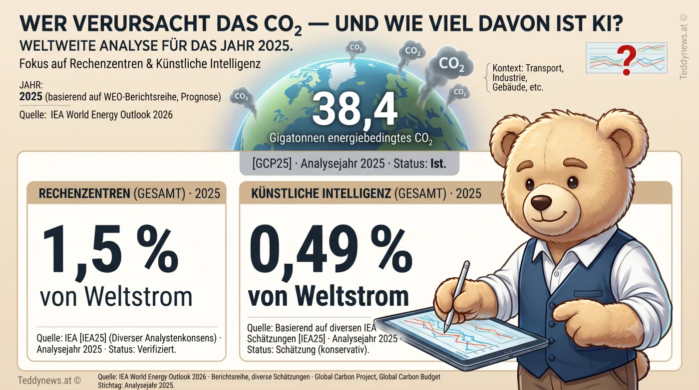 Infografik: Wer verursacht das CO₂ und wie viel davon ist KI — 2025 rund 38,4 Gigatonnen energiebedingtes CO₂, alle Rechenzentren 1,5 Prozent des Weltstroms, KI-Rechenzentren 0,49 Prozent. Quelle IEA