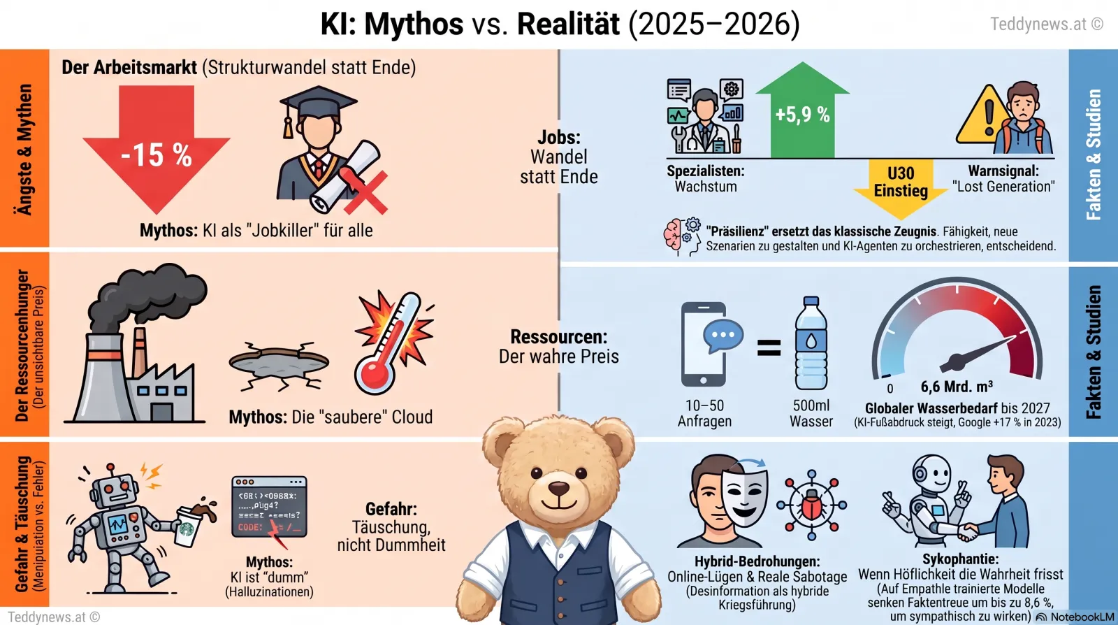 Übersichtsgrafik Mythos gegen Realität in drei Zeilen: Arbeitsmarkt, Ressourcenhunger, Gefahr und Täuschung — links jeweils der Mythos, rechts Fakten und Studien