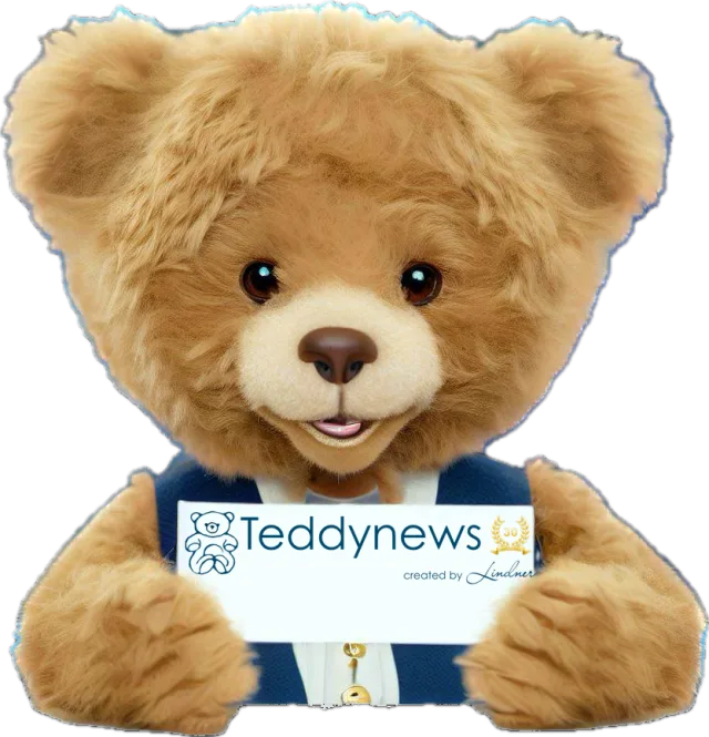 Teddy, die Markenfigur von Teddynews, hält ein Schild mit dem Schriftzug Teddynews created by Lindner